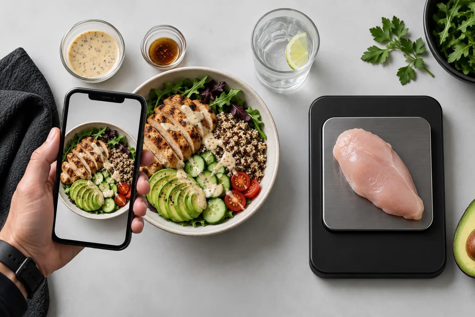 A meal photo with uncertain portions compared with a weighed ingredient