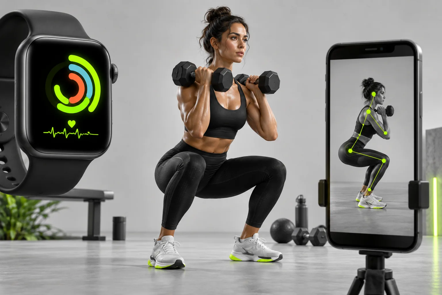A smartwatch and phone camera measuring complementary signals during strength training