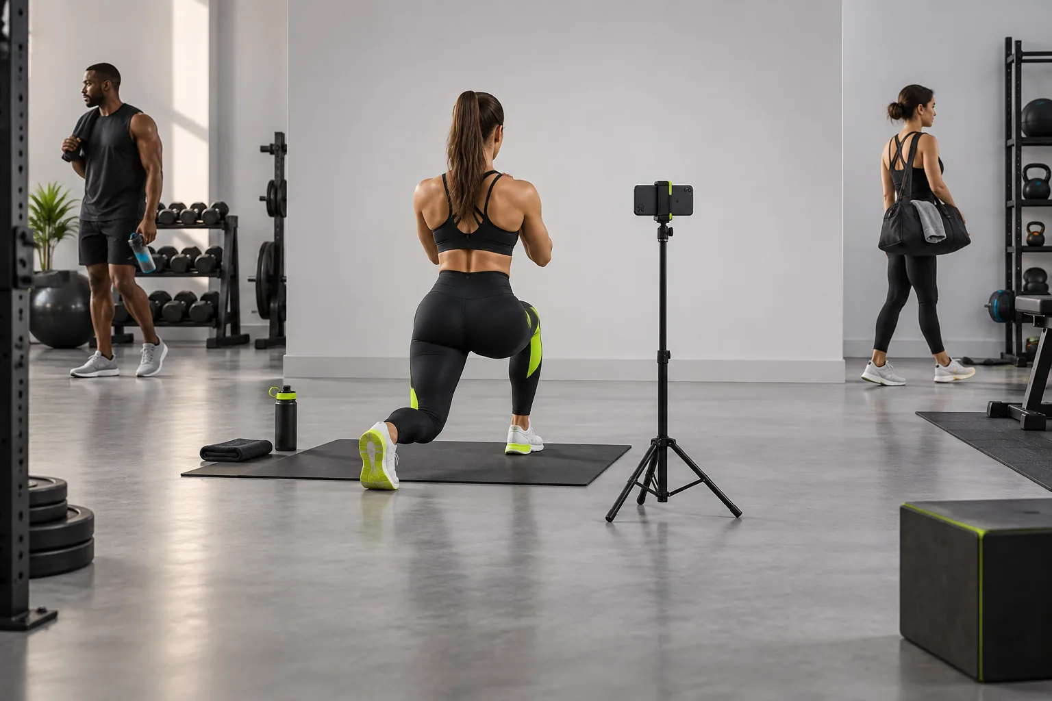 A narrow workout camera frame that keeps other gym members outside the view