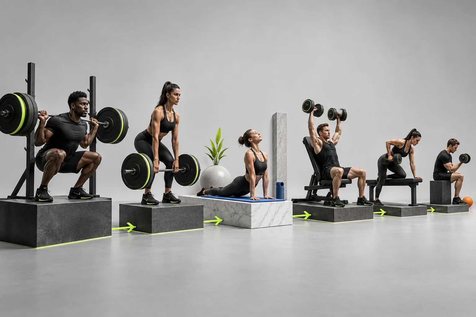 Strength exercises arranged in a deliberate sequence from compound to accessory work