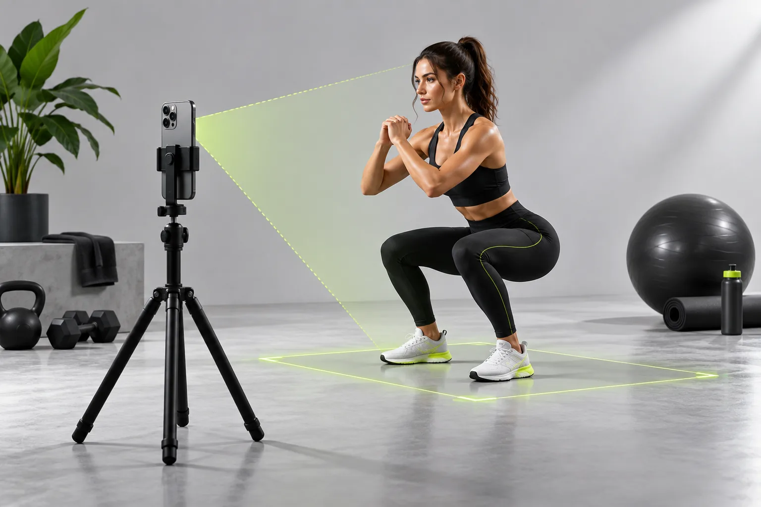 An iPhone on a stable tripod framing an athlete's full squat from a diagonal view