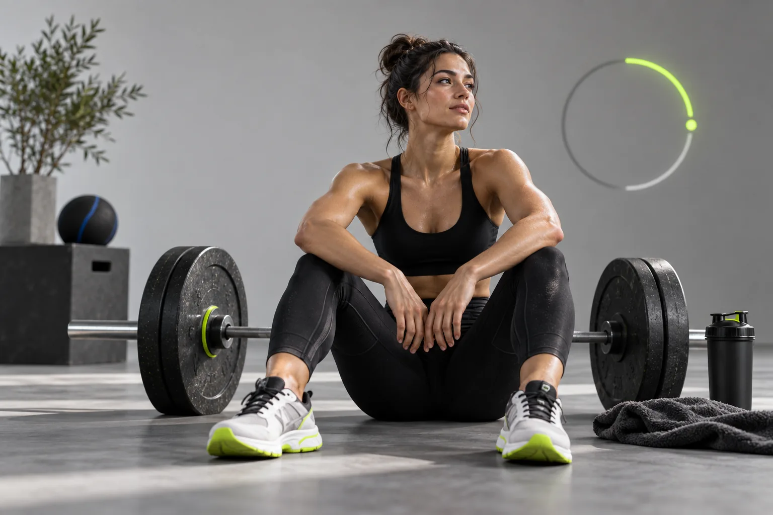 An athlete resting beside a barbell with an unobtrusive circular timer