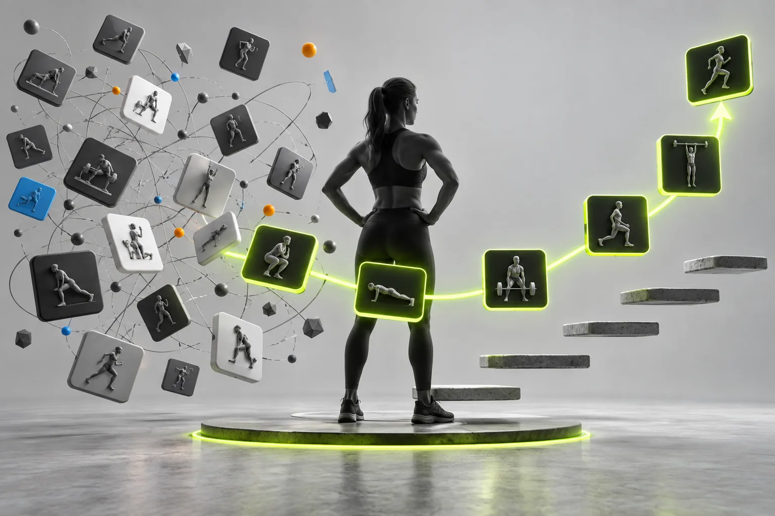 Workout tiles resolving from a scattered AI plan into one clear progressive path