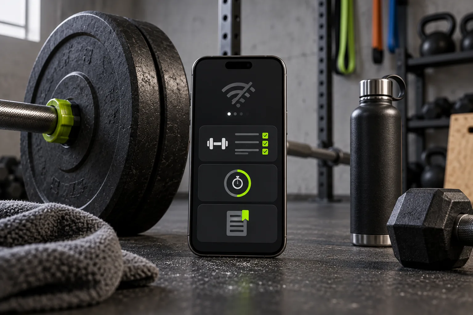 A phone preserving workout tools beside a barbell while the network is unavailable
