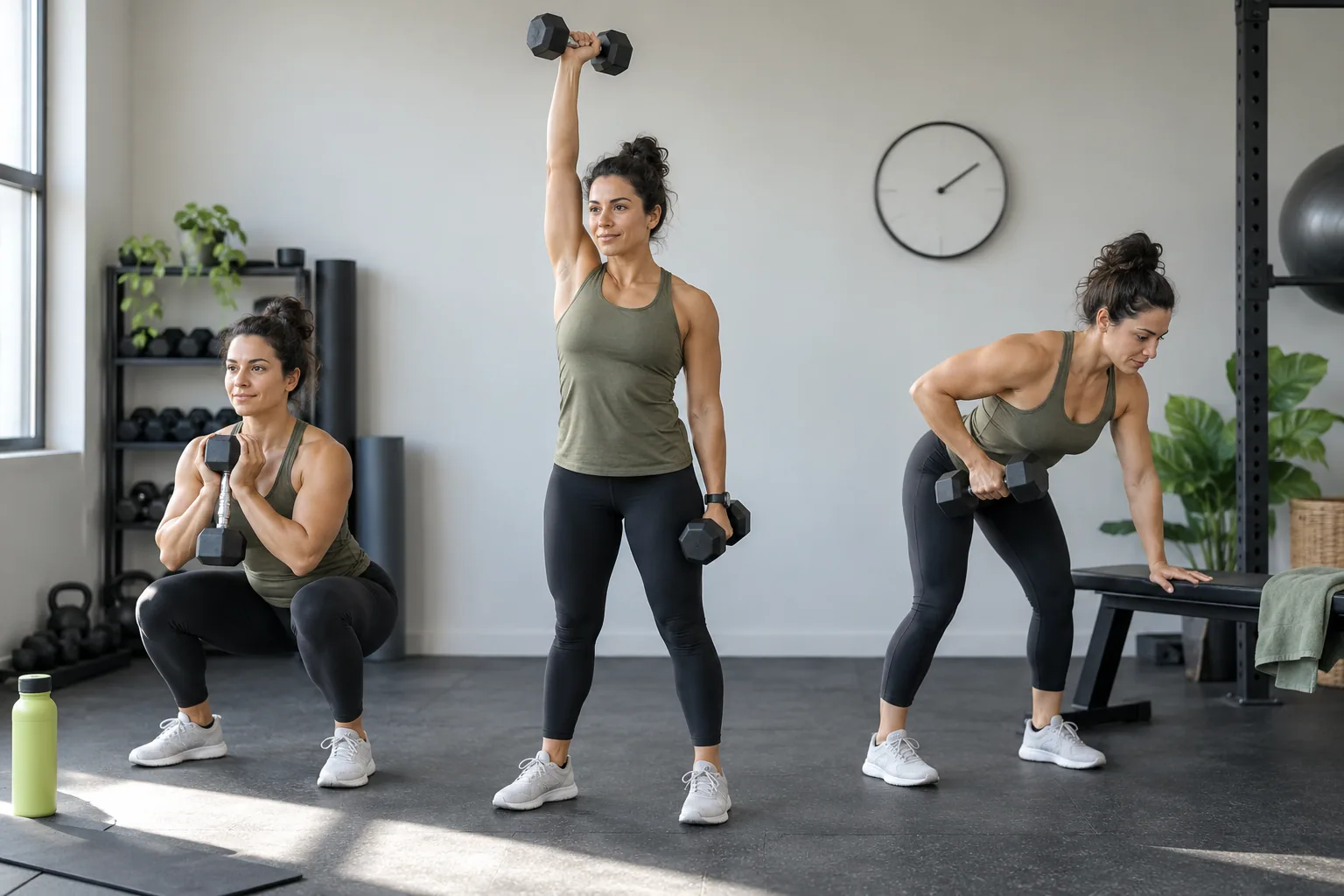 Busy adult completing a short dumbbell session in a gym corner