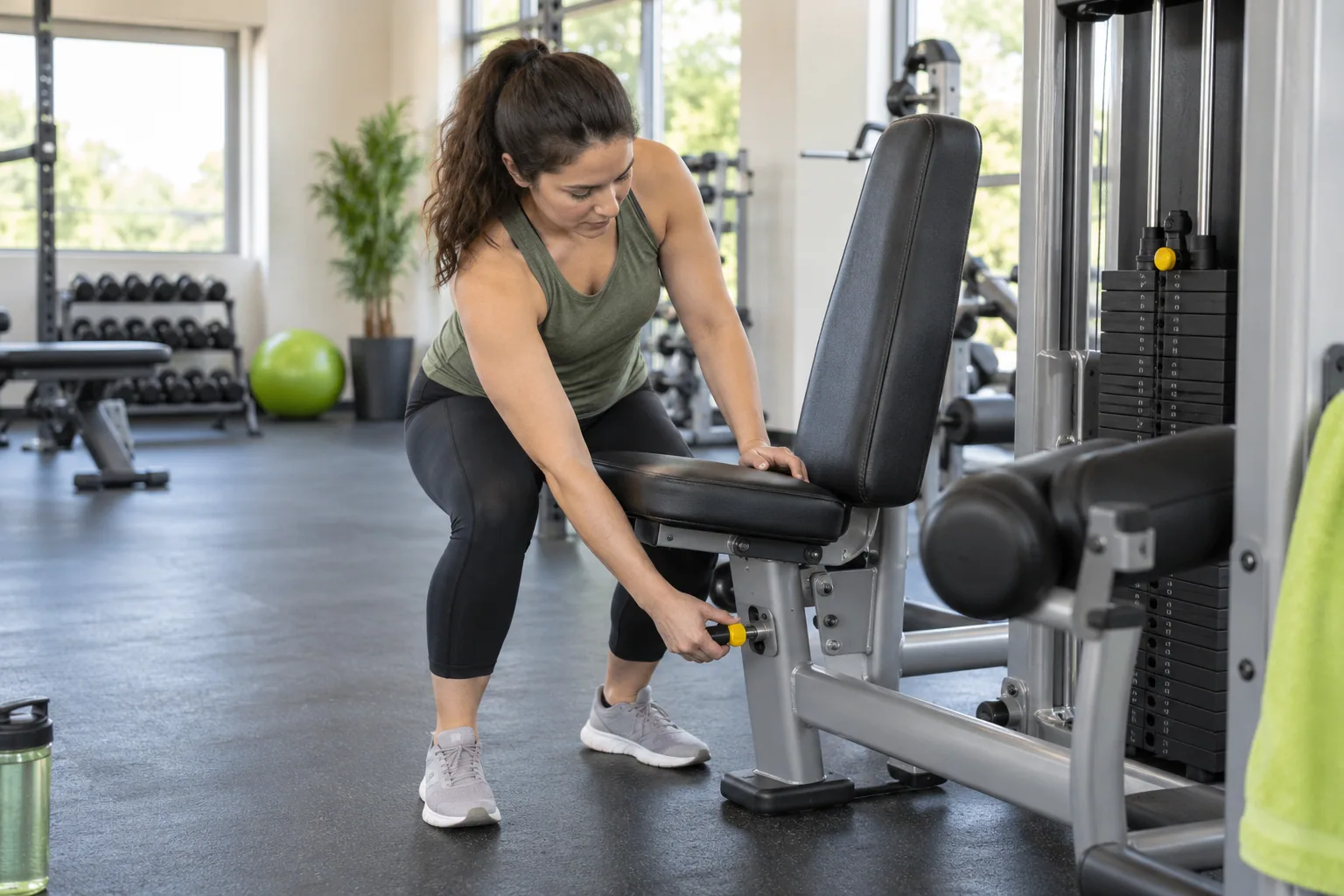Beginner adjusting the seat on a strength training machine