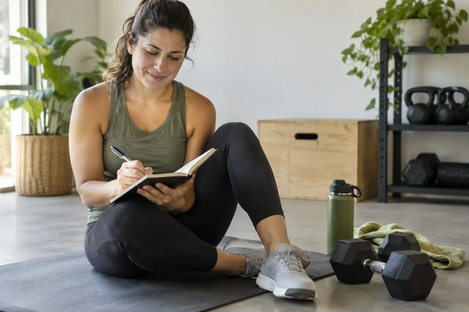 Adult reviewing strength progress beside gym equipment