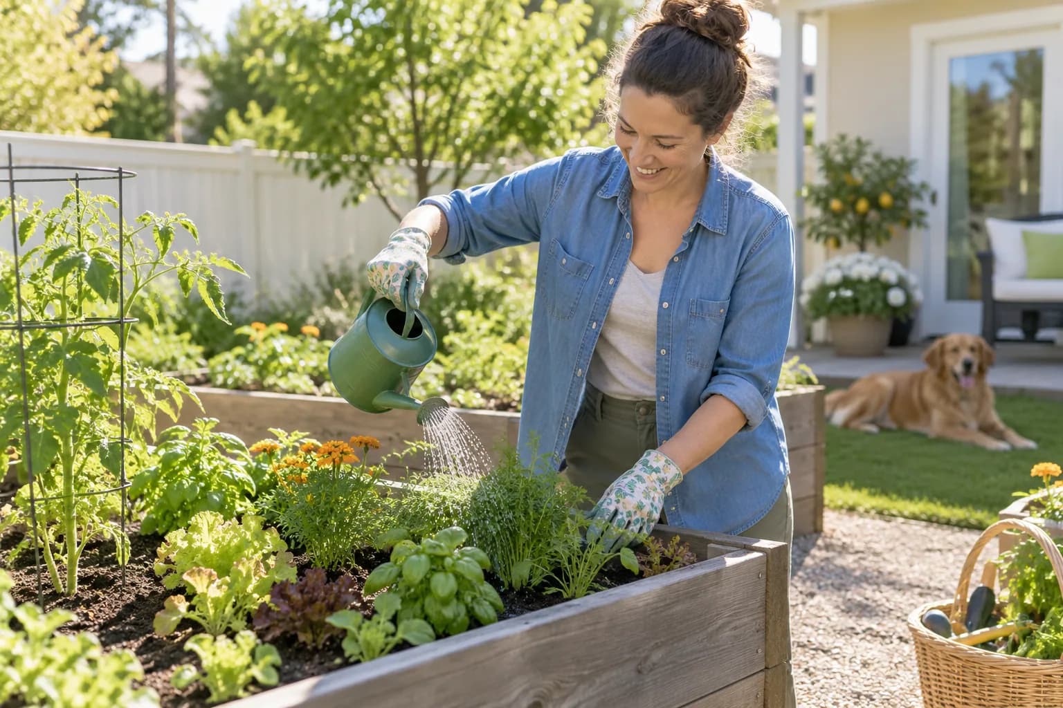 Adult watering a raised garden bed in a backyard