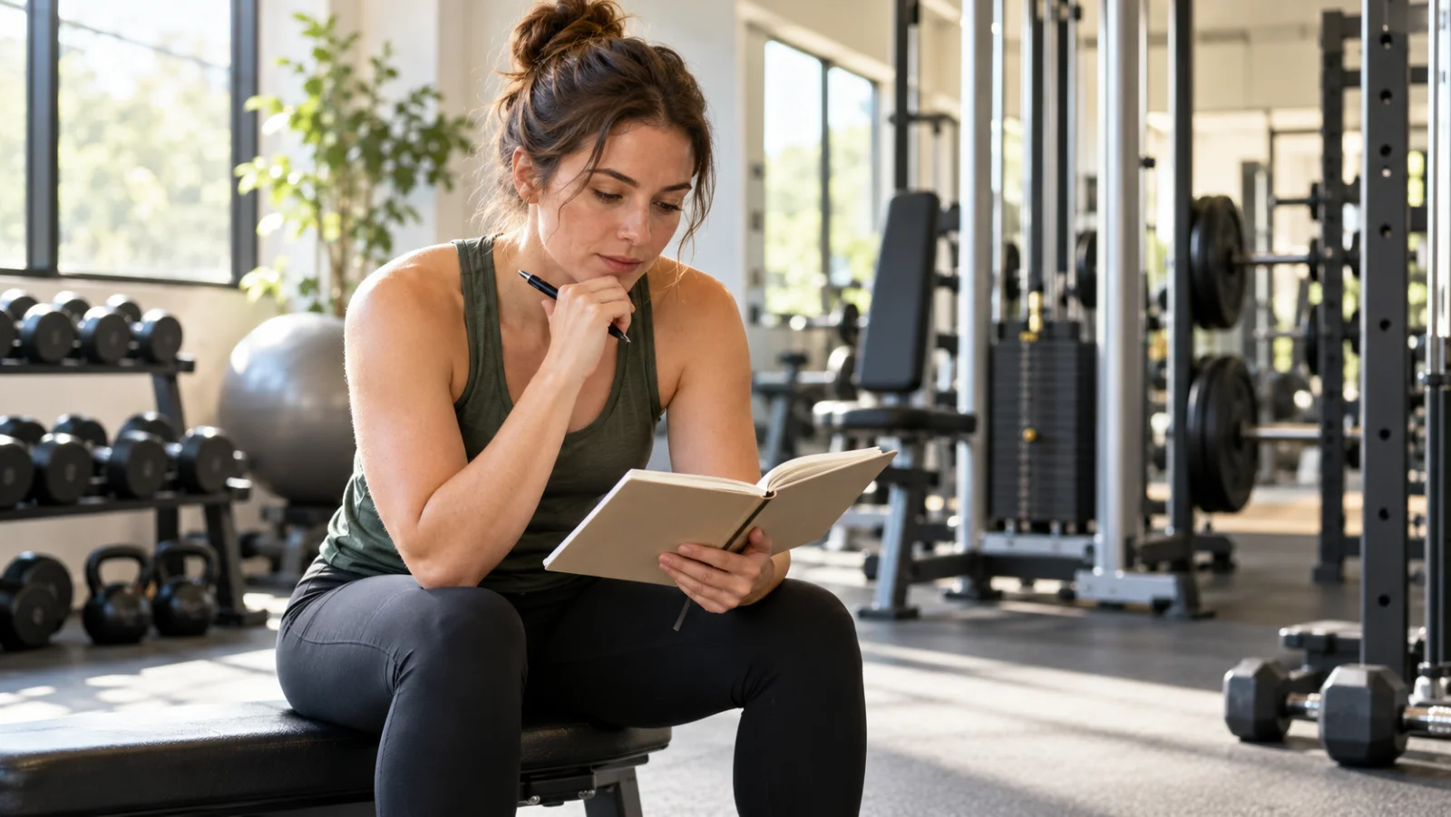 Adult reviewing a workout notebook beside strength equipment to plan the week's training