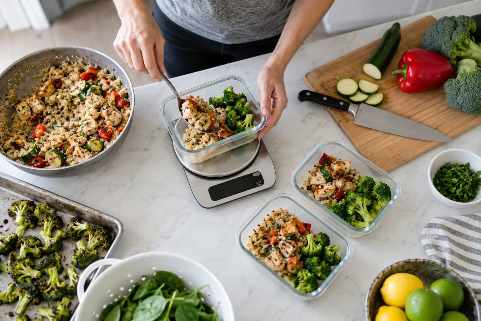 Home cook portioning batch-cooked food into meal containers