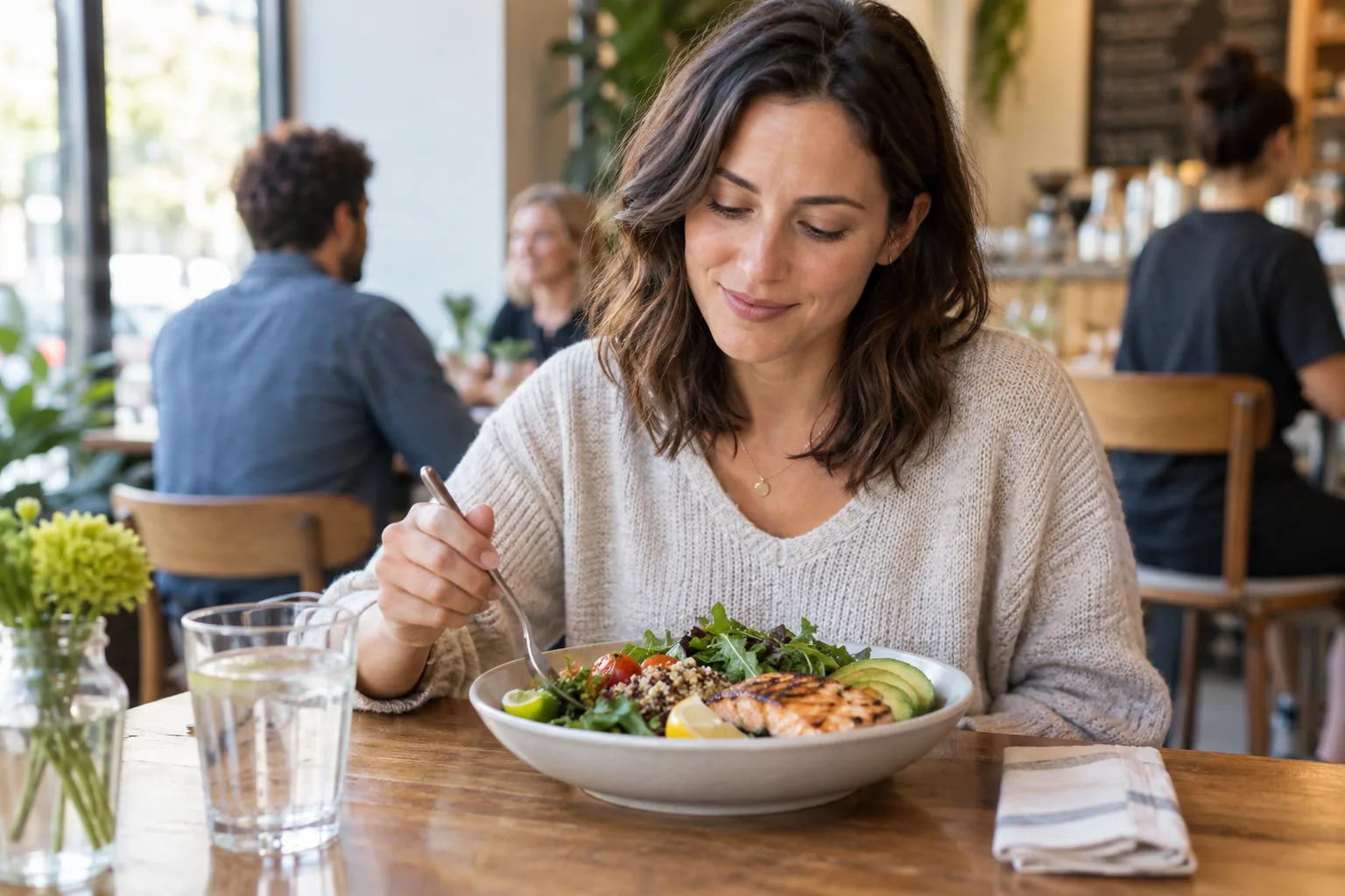 Adult enjoying a balanced meal at a casual restaurant