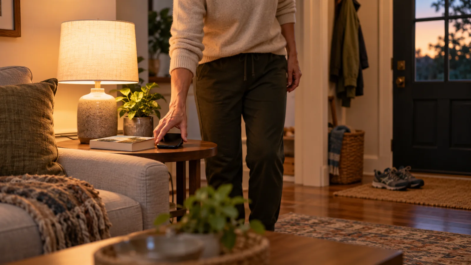 Adult putting a phone beside a book in a softly lit room during a quiet evening transition