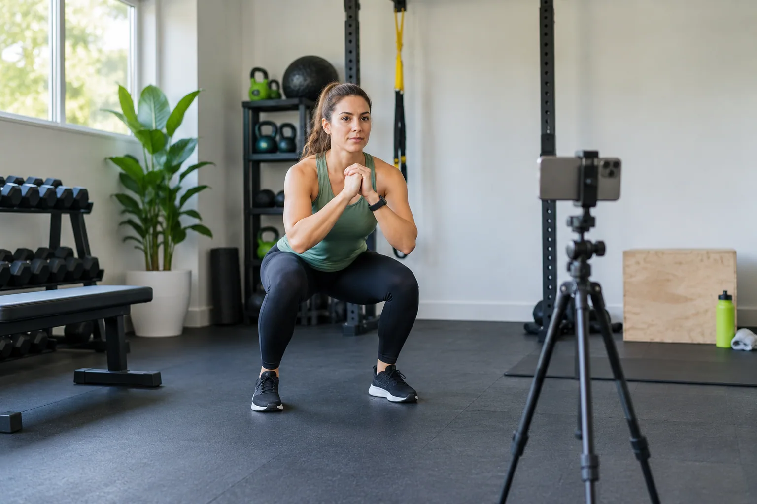 Adult filming a light squat with a phone on a stable tripod