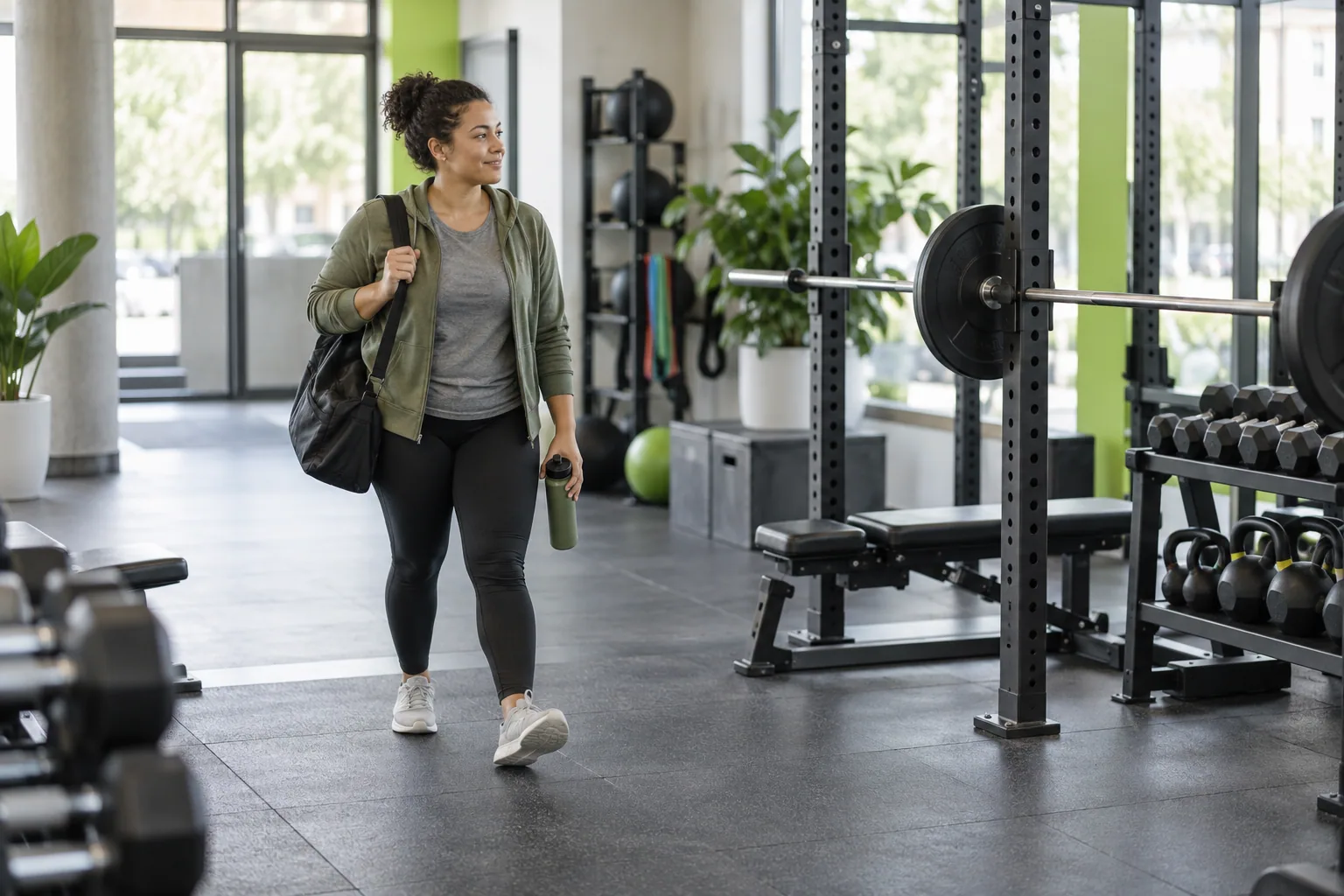 Adult beginner orienting themselves in a calm gym near strength equipment