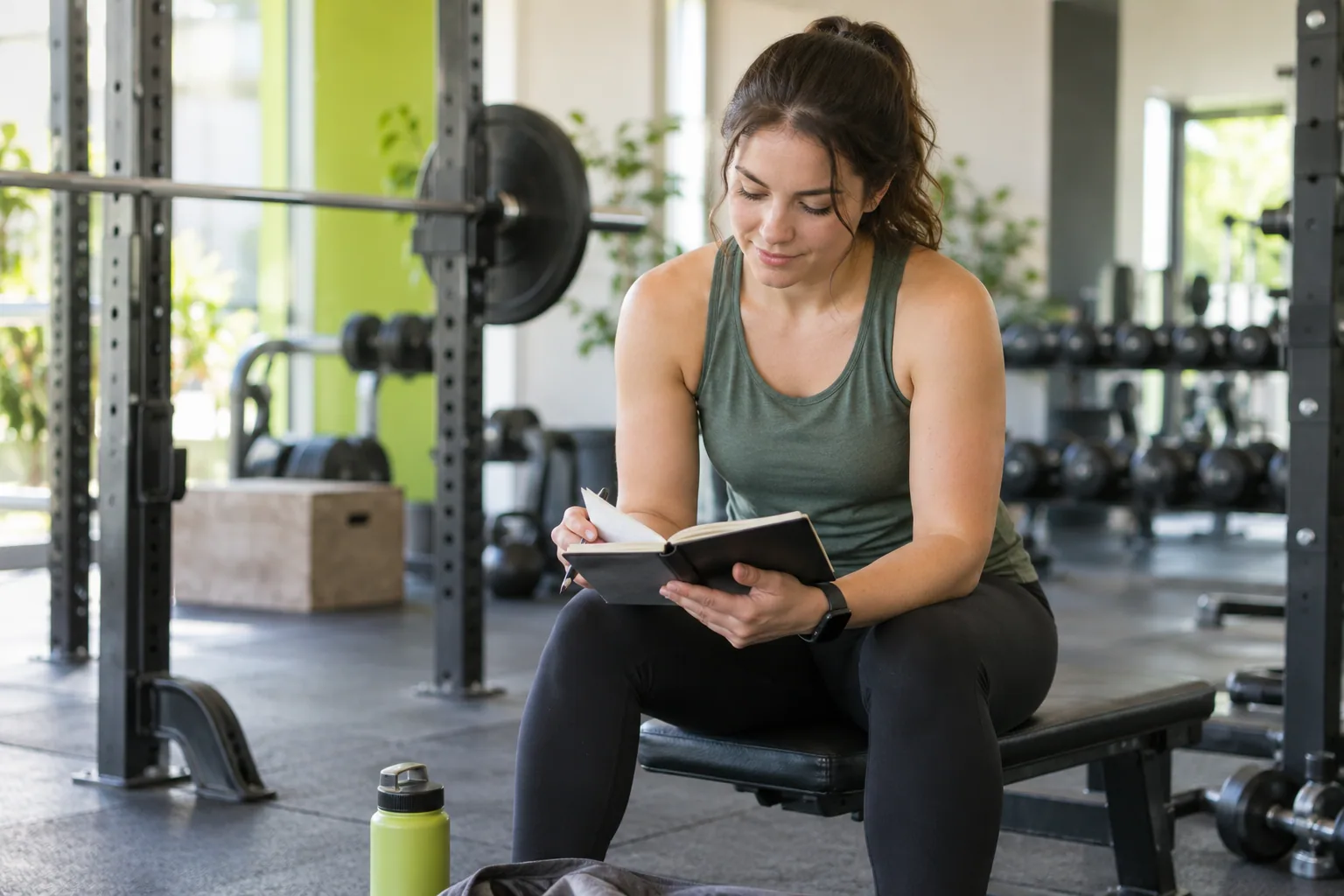 New gym member reviewing a workout notebook between sets