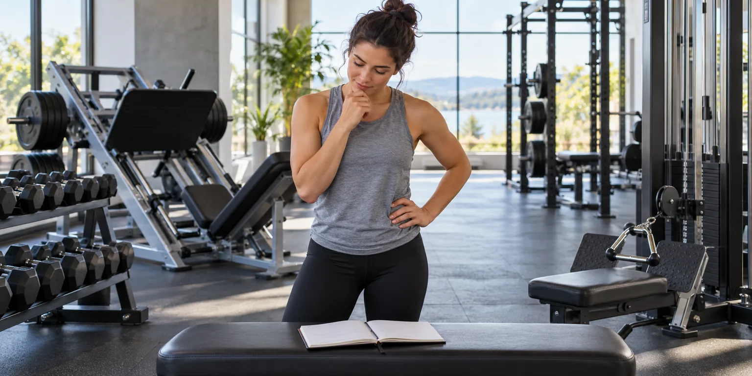 Adult beginner comparing strength equipment while reviewing a workout notebook in a sunlit gym