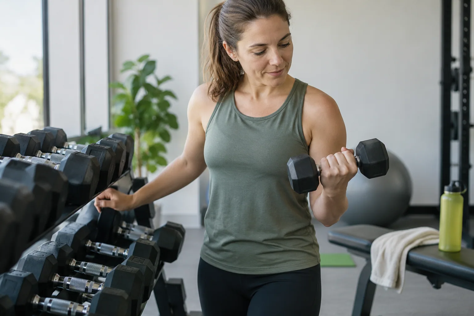 Adult selecting a modest dumbbell from a weight rack