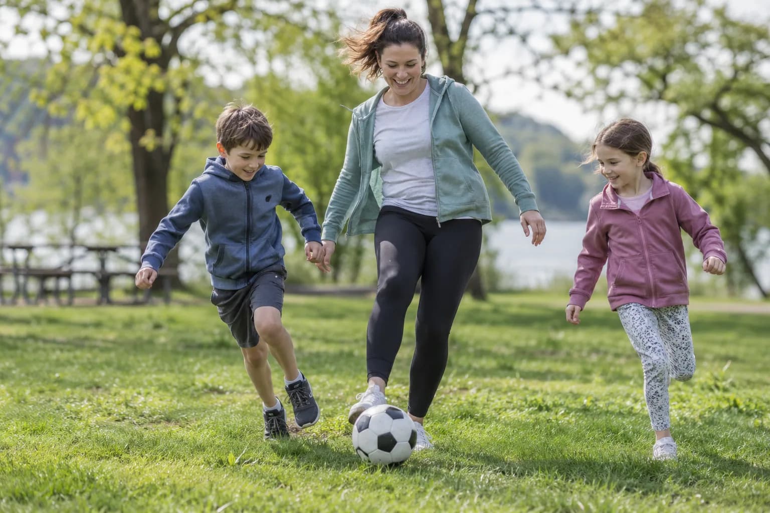 Parent moving and playing with children outdoors