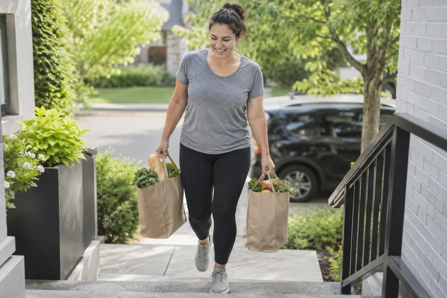 Adult carrying moderate grocery bags on a walkway