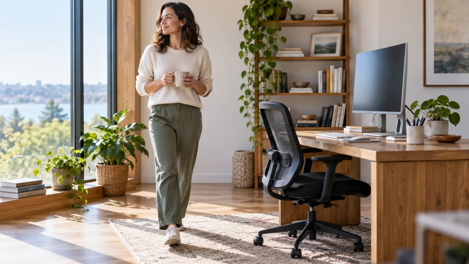 Home office worker taking a comfortable walking break beside a desk and daylight window
