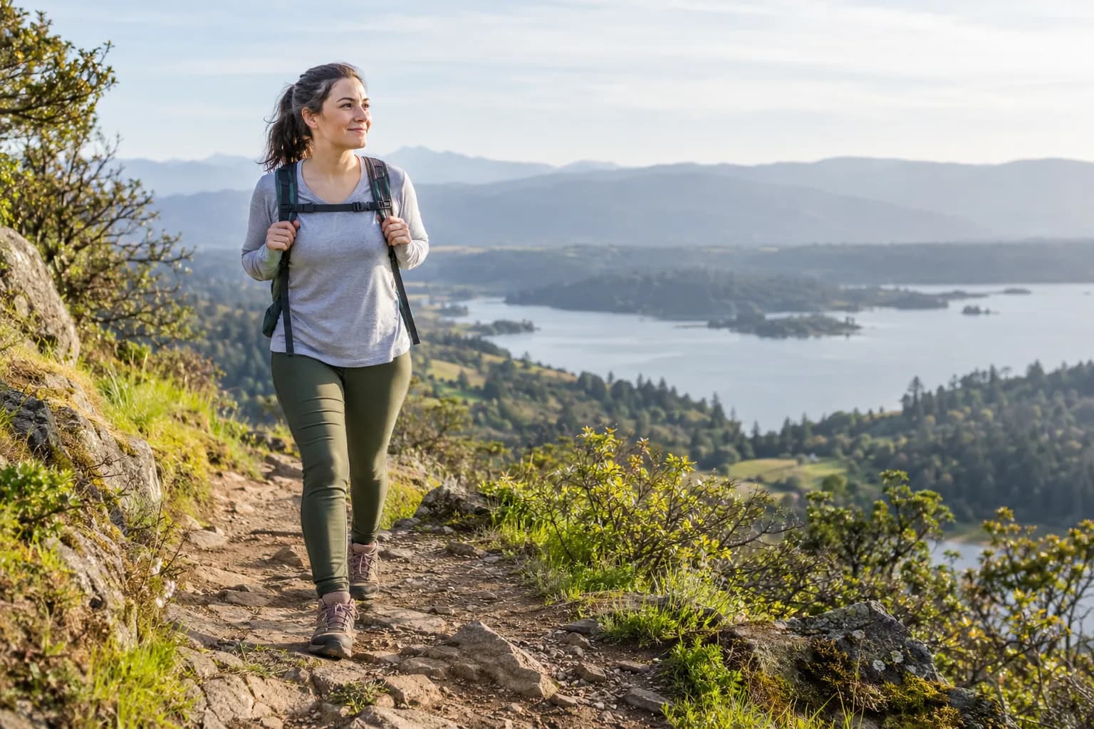 Beginner hiker walking a gentle trail with a light backpack