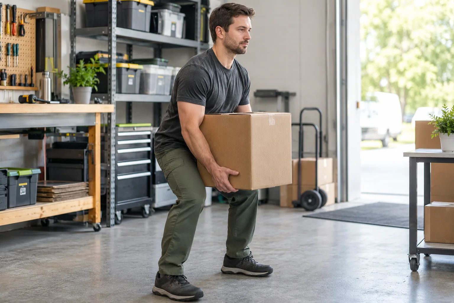 Worker practicing a moderate box carry in a clean workshop