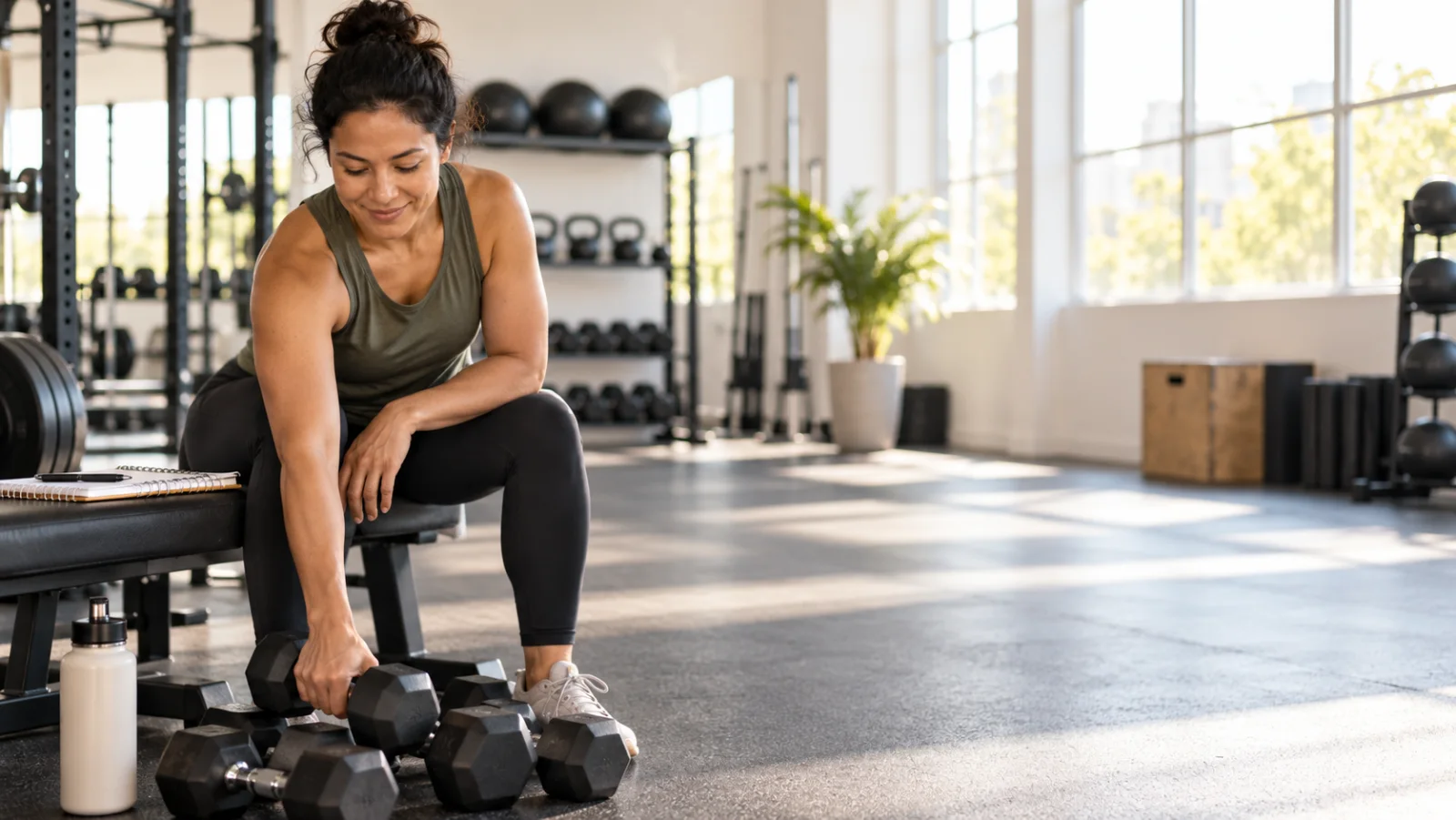 Adult returning to the gym choosing light dumbbells beside a workout notebook in a bright space
