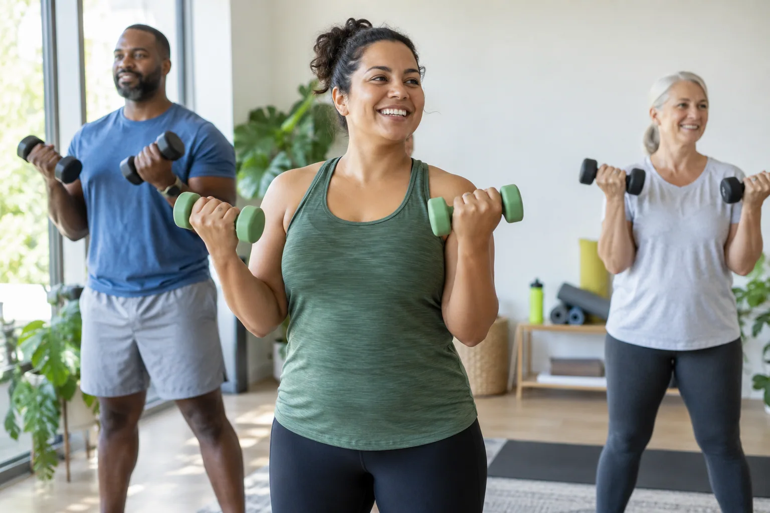 Adult beginning a light dumbbell workout in a welcoming room