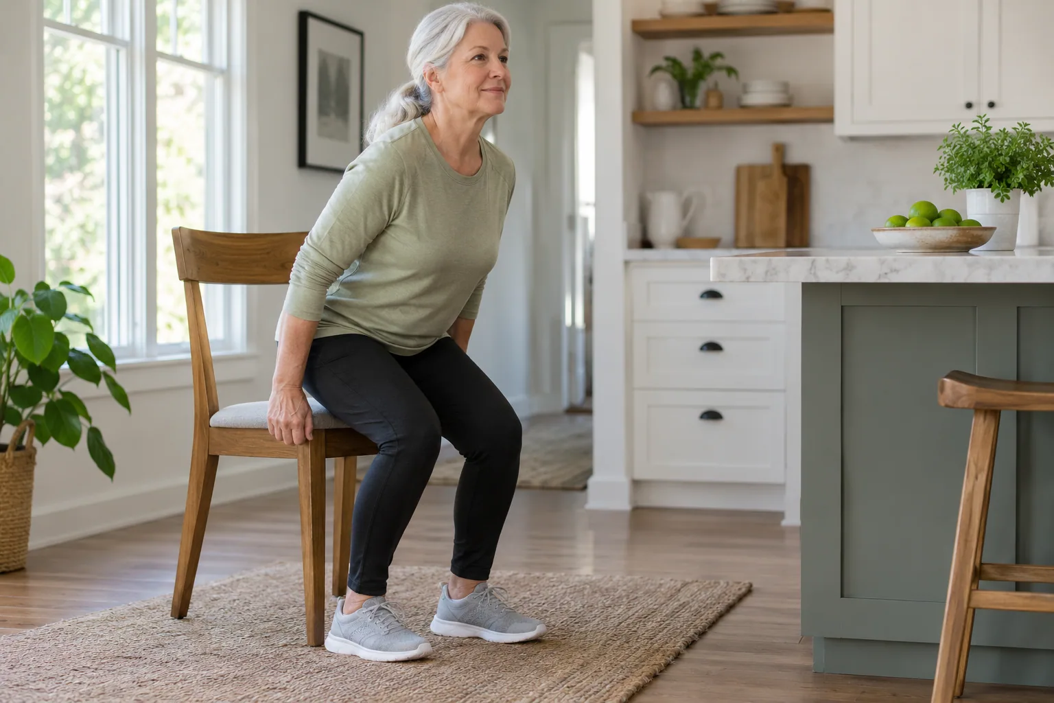 Older adult practicing a supported sit-to-stand at home