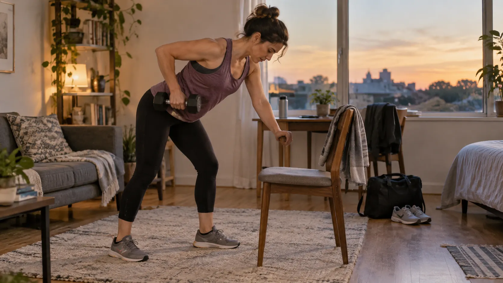 Adult fitting a short dumbbell session into an evening at home after work