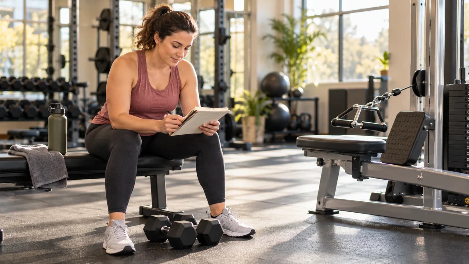 Adult beginner reviewing a two-day workout plan beside strength equipment in a sunlit gym