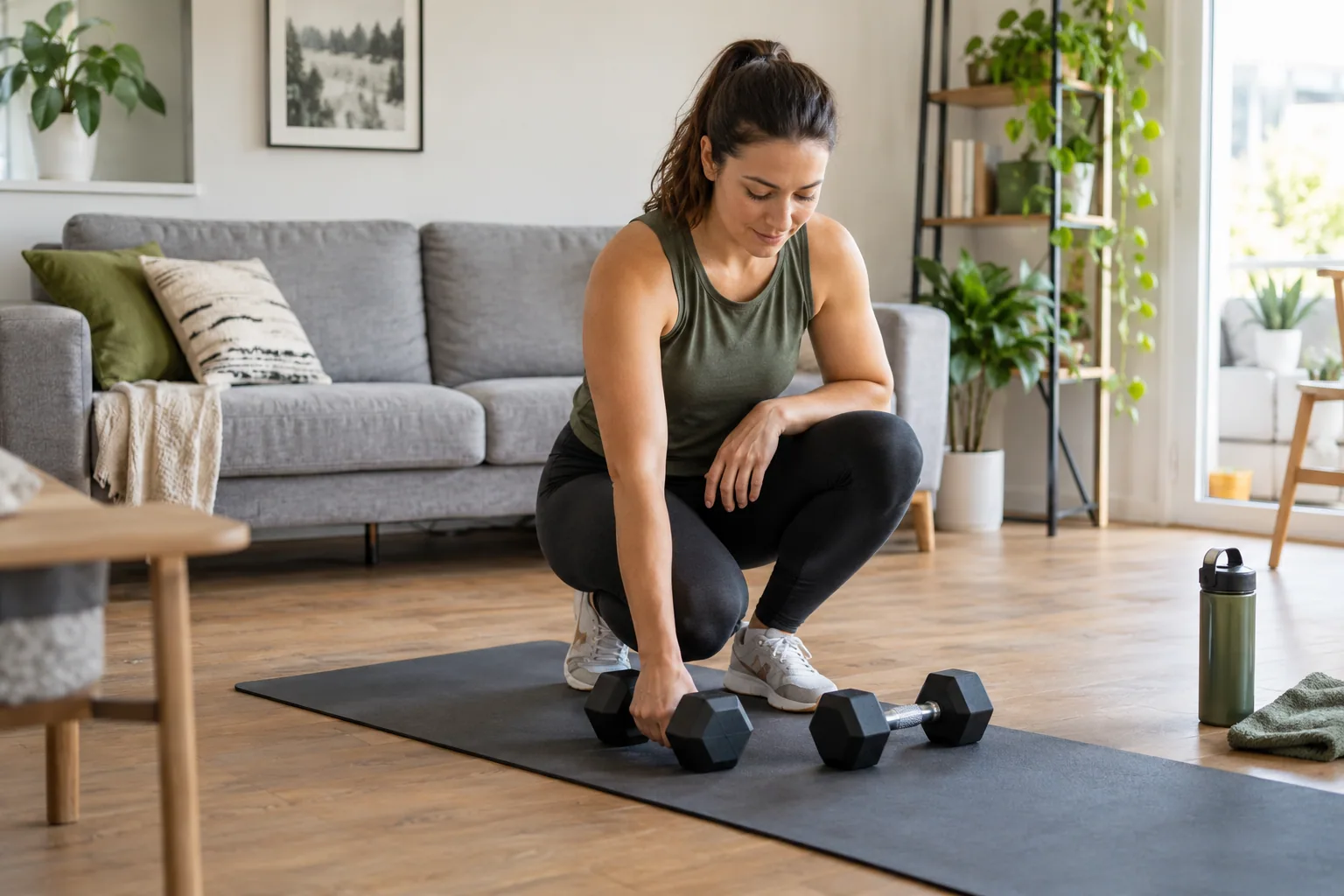 Adult preparing a two-dumbbell workout in a clear apartment space