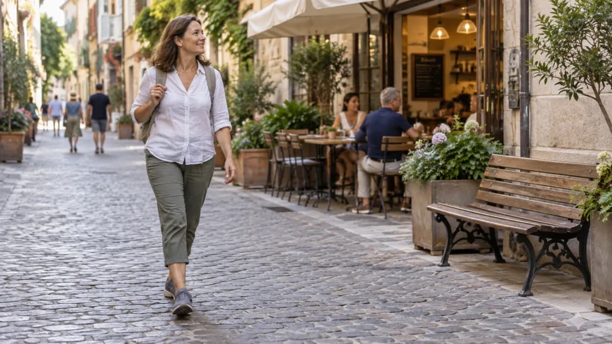 Traveler in comfortable shoes walking an old-town street beside a cafe and a place to rest