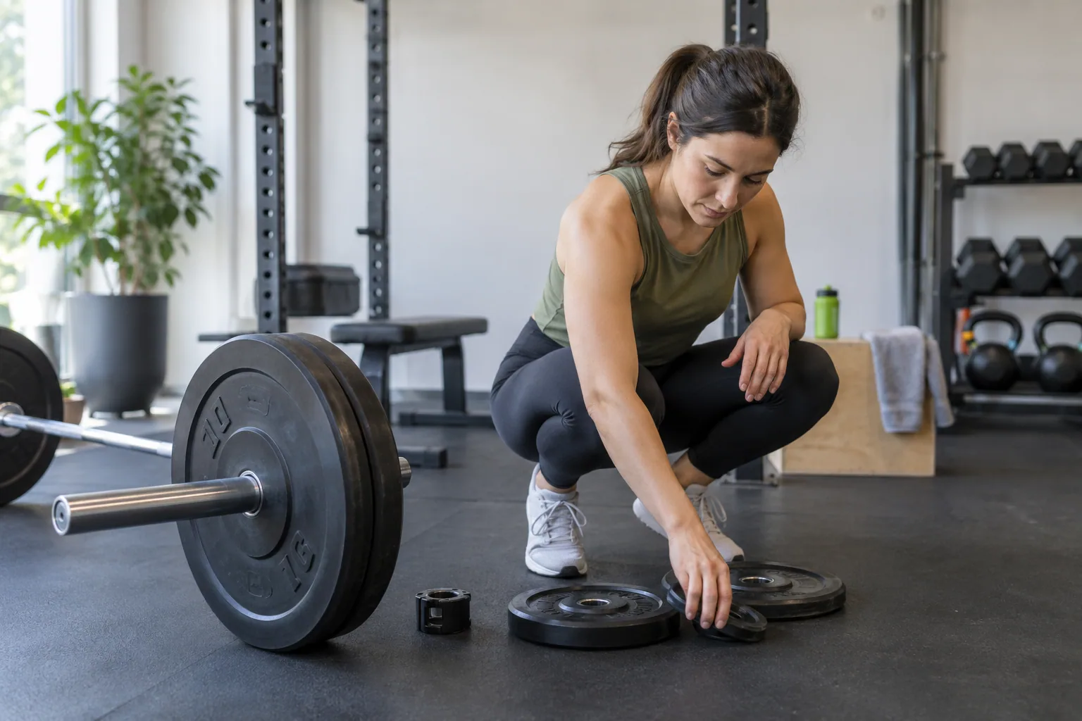 Small incremental plates beside a barbell after a strength set