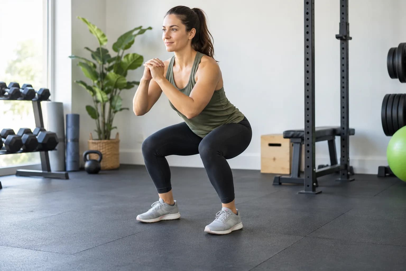 Adult practicing a controlled squat while observing foot contact